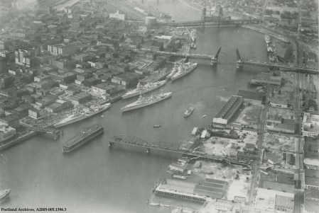 Aerial view of ships arriving for the Rose Festival in downtown Portland, 1935 : A2005-005.1396.3